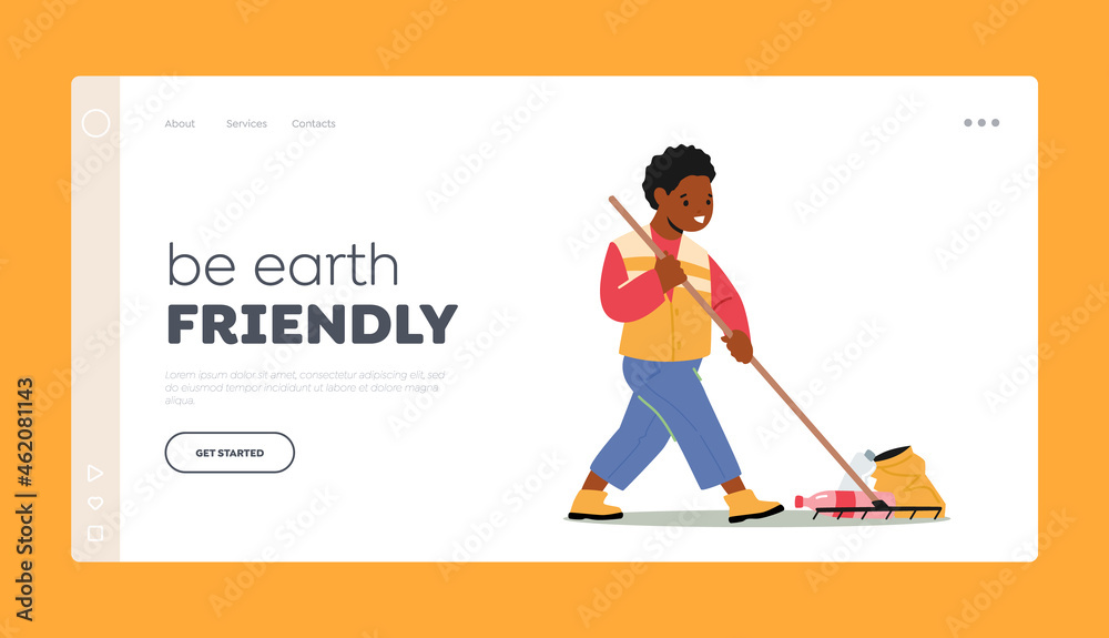 Be Earth Friendly Landing Page Template.Recycling, Ecology Protection, Saving Planet Concept. Boy Removing Trash