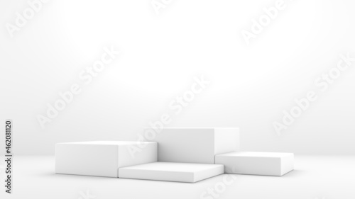 Podiums, stands, white and minimalist square pedestals for product display. Simple and clean concept.