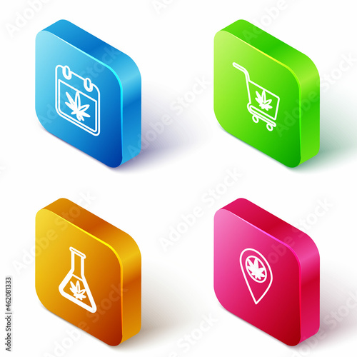 Set Isometric line Calendar and marijuana, Shopping cart with, Test tube and Location icon. Vector