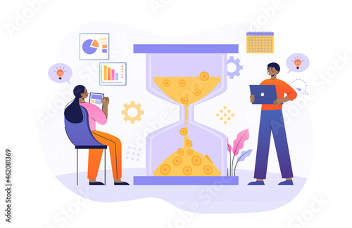 Teamwork To Profitability concept. Time in hourglass turns into money. Employees submit project by deadline and receive income. Cartoon modern flat vector illustration isolated on white background