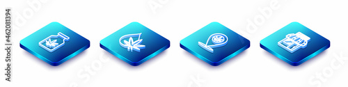 Set Isometric line Medical bottle with marijuana, Marijuana or cannabis leaf oil, Location and and store icon. Vector