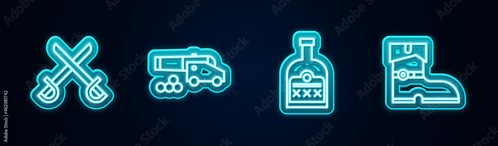 Set line Crossed pirate swords, Cannon with cannonballs, Alcohol drink Rum bottle and Leather boots. Glowing neon icon. Vector Set line Crossed pirate swords, Cannon with cannonballs, Alcohol drink Rum bottle and Leather boots. Glowing neon icon. Vector
