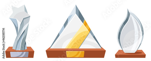 Award Glass Trophy Cups Isolated on White Background. Transparent Acrylic Plexiglass Prize for Victory in Competition
