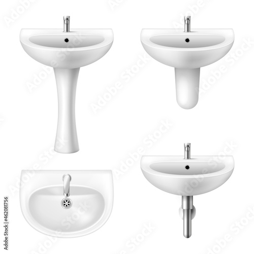 Set of realistic white sink with faucet for bathroom and restroom. Classic ceramic oval washbasins
