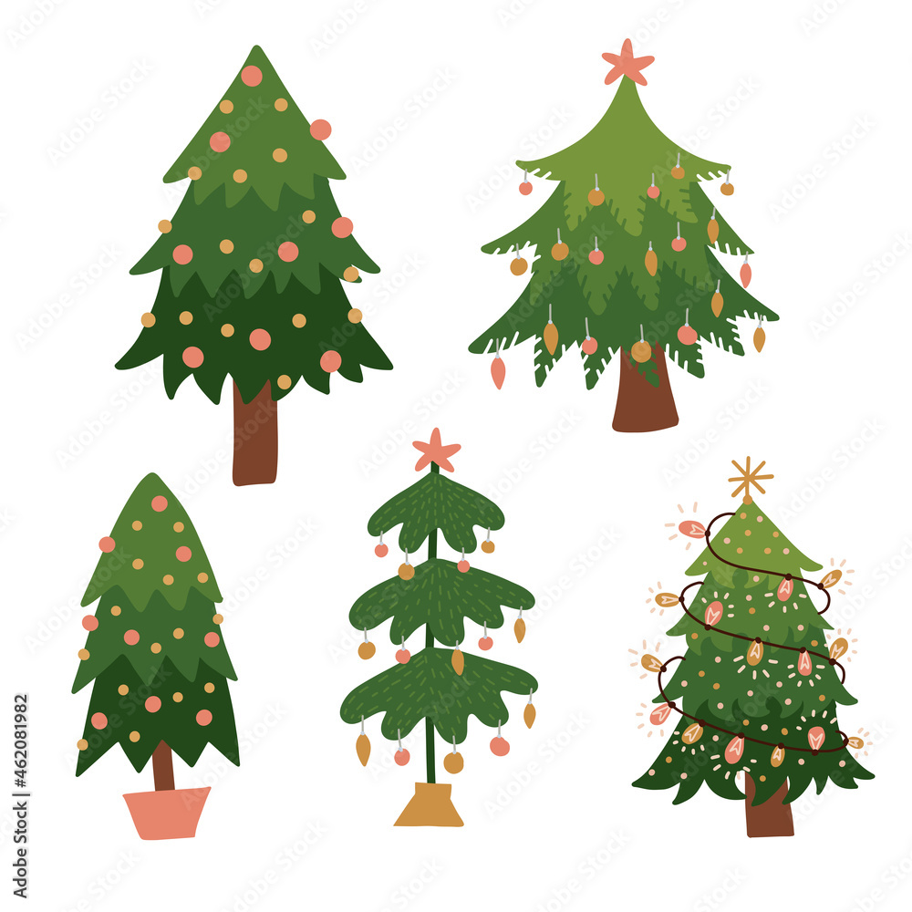 Fototapeta premium Happy Christmas trees collection. Cute isolated elements for kids design. Vector flat hand drawn illustration