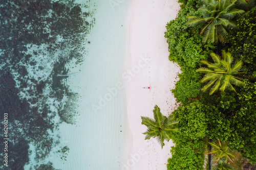 Aerial view of a young woman relaxing on the tropical paradise sandy beach surrounded by palm trees and crystal clear azure ocean shallow water