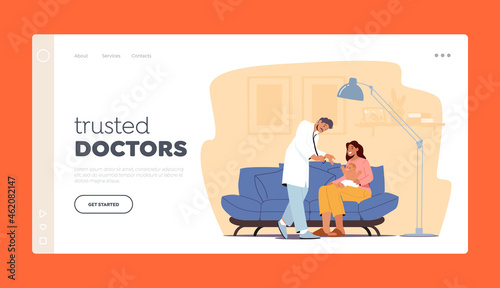 Family Doctor Baby Checkup Landing Page Template. Pediatrician Doctor Character Examine Sick Child with Mom at Home