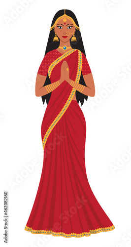 Beautiful Indian woman in traditional clothes. Hindu lady with hands putted together wearing red and gold sari. Vector illustration in flat style