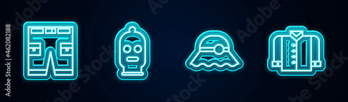 Set line Short or pants, Balaclava, Elegant women hat and T-shirt. Glowing neon icon. Vector