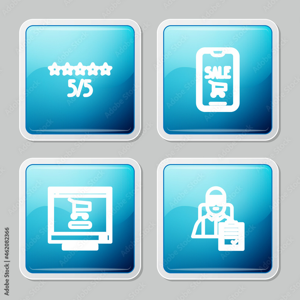 Set line Consumer or customer product rating, Mobile phone and shopping cart, Shopping computer and Delivery man with cardboard boxes icon. Vector Set line Consumer or customer product rating, Mobile phone and shopping cart, Shopping computer and Delivery man with cardboard boxes icon. Vector