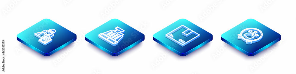 Set Isometric line Delivery man with cardboard boxes, Cash register machine, Cardboard traffic symbol and Consumer or customer product rating icon. Vector Set Isometric line Delivery man with cardboard boxes, Cash register machine, Cardboard traffic symbol and Consumer or customer product rating icon. Vector