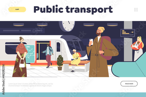 Public transport concept of landing page with people passengers at subway station waiting for metro