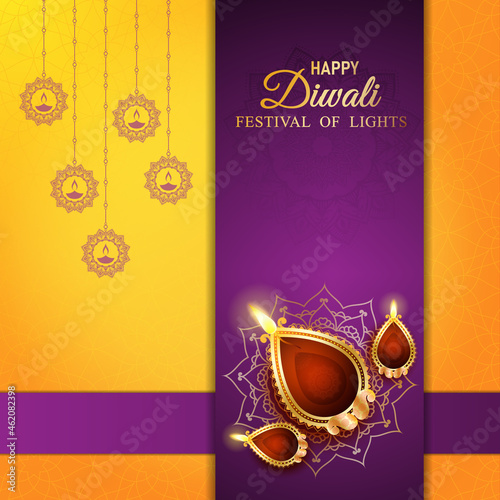 Happy Diwali - festival of lights colorful background with decorative diya lamp and rangoli.