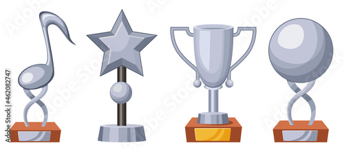 Winner Silver Trophy Cups Isolated Icons, Goblet Musical Talent Show Winner, Super Star, Business or Sport Achievement