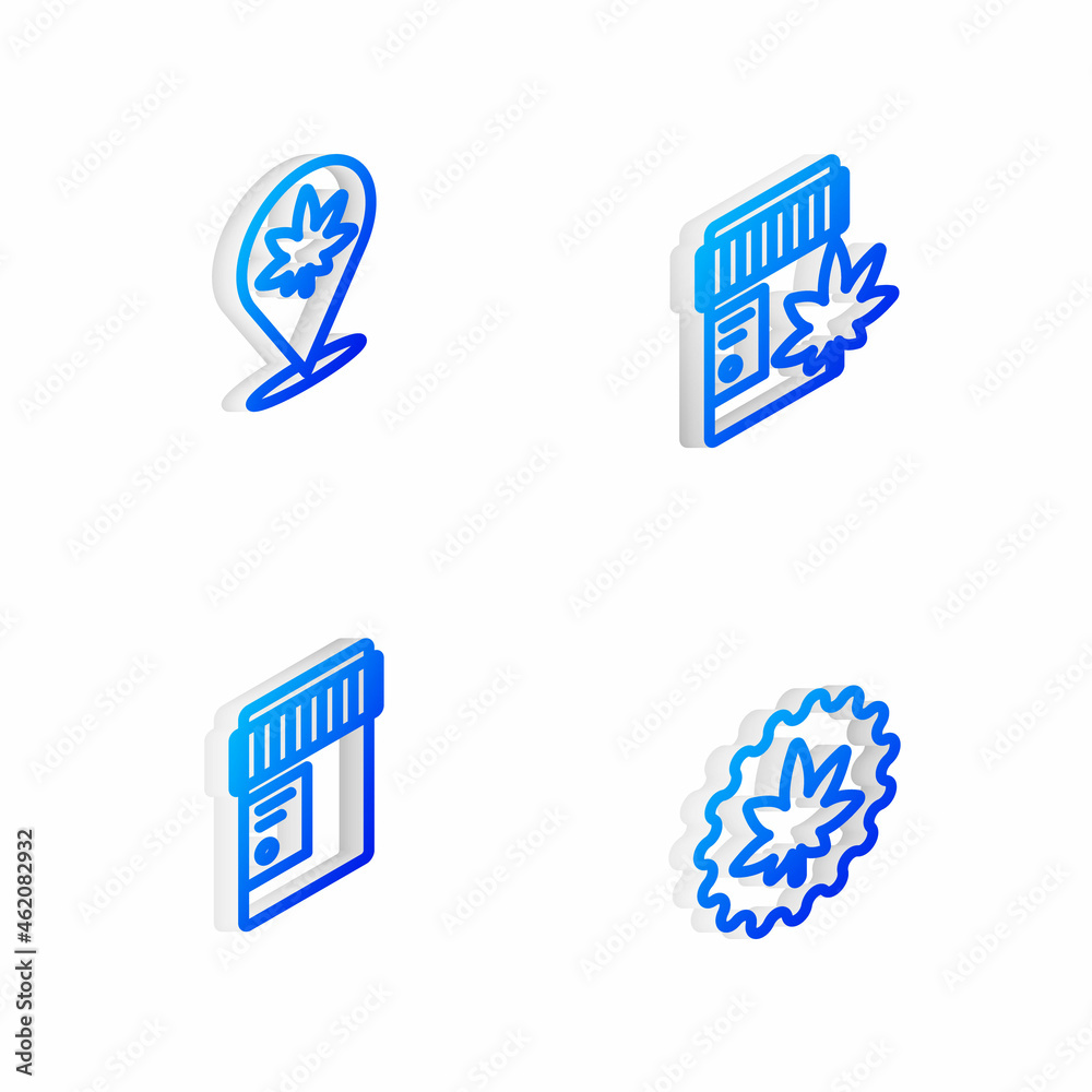 Set Isometric line Medical bottle with marijuana, Location and, cannabis and Marijuana or leaf icon. Vector