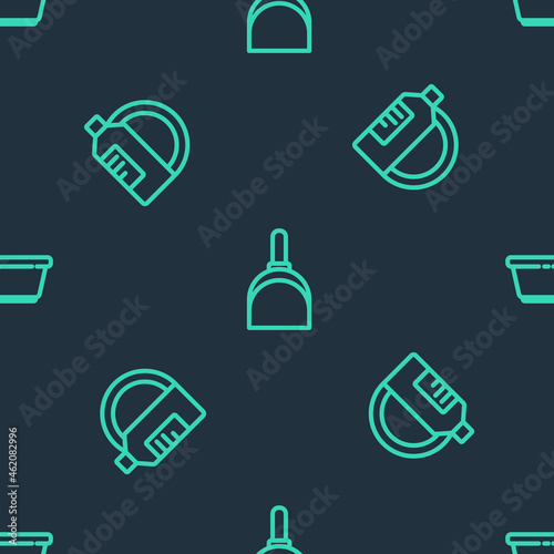 Set line Dustpan, Dishwashing liquid bottle and plate and Plastic basin on seamless pattern. Vector