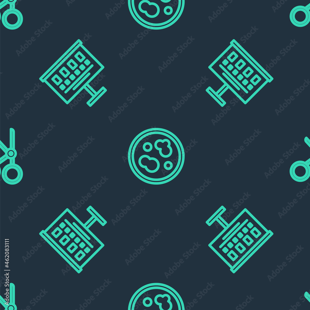 Set line Petri dish with bacteria, Eye test chart and Medical scissors on seamless pattern. Vector Set line Petri dish with bacteria, Eye test chart and Medical scissors on seamless pattern. Vector