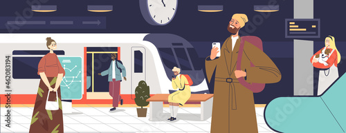 People passengers at subway station waiting for underground train arrival. Metro platform interior