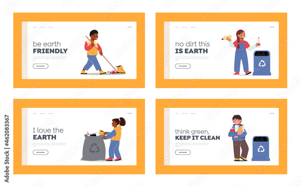 Children Characters Collect Trash, Clean Park Landing Page Template Set. Ecology Protection, Social Charity Concept