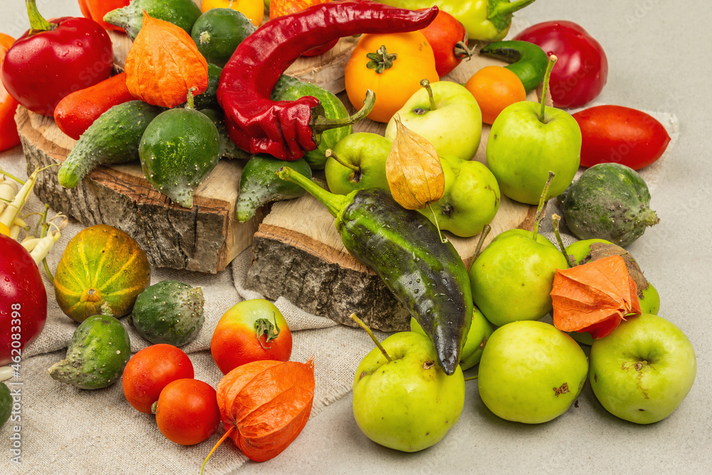Trendy ugly organic vegetables and fruits on stone concrete background Trendy ugly organic vegetables and fruits on stone concrete background