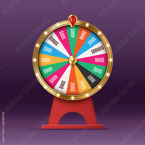 Realistic casino fortune wheel. Spinning rotating roulette, lottery game of online gambling business