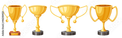 Golden Trophy Winner Cups Interface Icons, Gold Goblet for First Place Prize Award. Champion Cup Design Elements Set