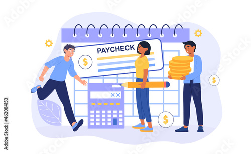 People Get Paycheck concept. Men and women receive wages in form of deposit. Characters sign and cash check. Tax free income. Cartoon modern flat vector illustration isolated on white background photo