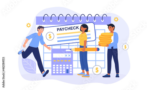 People Get Paycheck concept. Men and women receive wages in form of deposit. Characters sign and cash check. Tax free income. Cartoon modern flat vector illustration isolated on white background