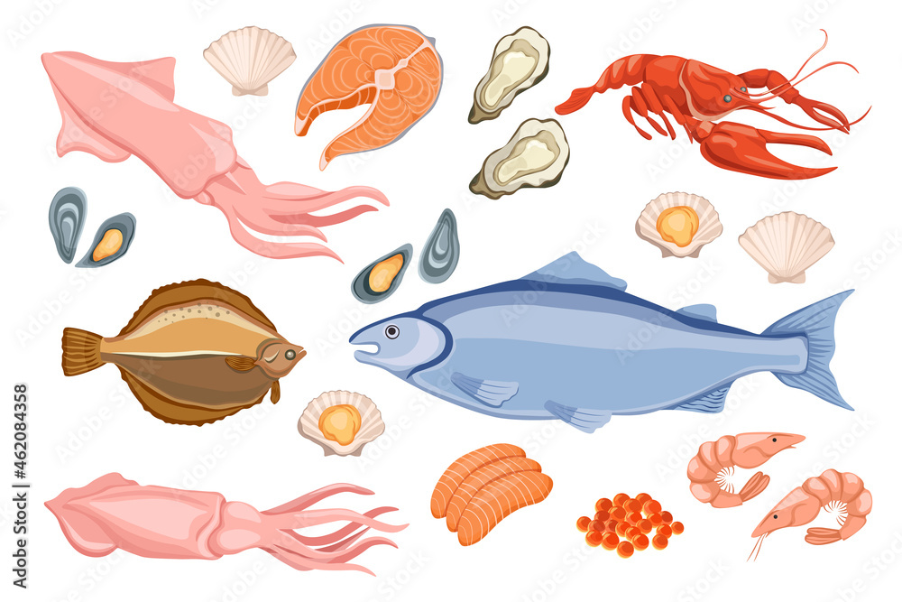 Naklejka premium Set of Raw Seafood Flounder, Mackerel Fish, Squid and Lobster with Oysters, Scallop, Shrimps and red Caviar, Salmon