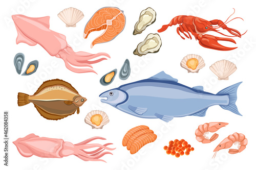 Set of Raw Seafood Flounder, Mackerel Fish, Squid and Lobster with Oysters, Scallop, Shrimps and red Caviar, Salmon