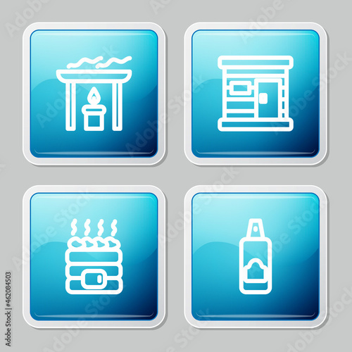 Set line Aroma candle, Sauna wooden bathhouse, Hot sauna stones and Spray for hairspray icon. Vector