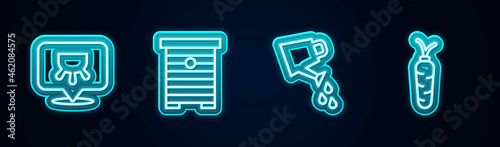 Set line Udder, Hive for bees, Watering can and Carrot. Glowing neon icon. Vector
