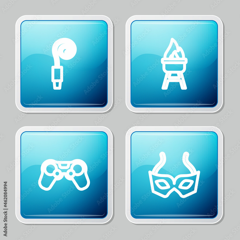 Set line Birthday party horn, Barbecue grill, Gamepad and Festive mask icon. Vector Set line Birthday party horn, Barbecue grill, Gamepad and Festive mask icon. Vector