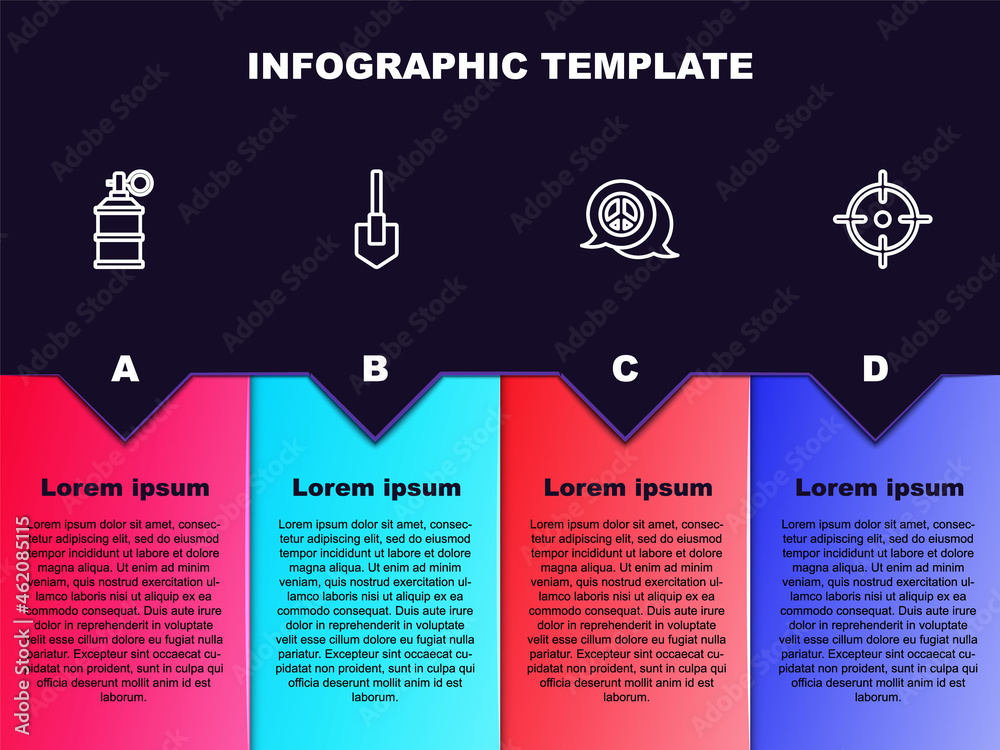 Set line Hand smoke grenade, Shovel, Peace and Target sport. Business infographic template. Vector Set line Hand smoke grenade, Shovel, Peace and Target sport. Business infographic template. Vector