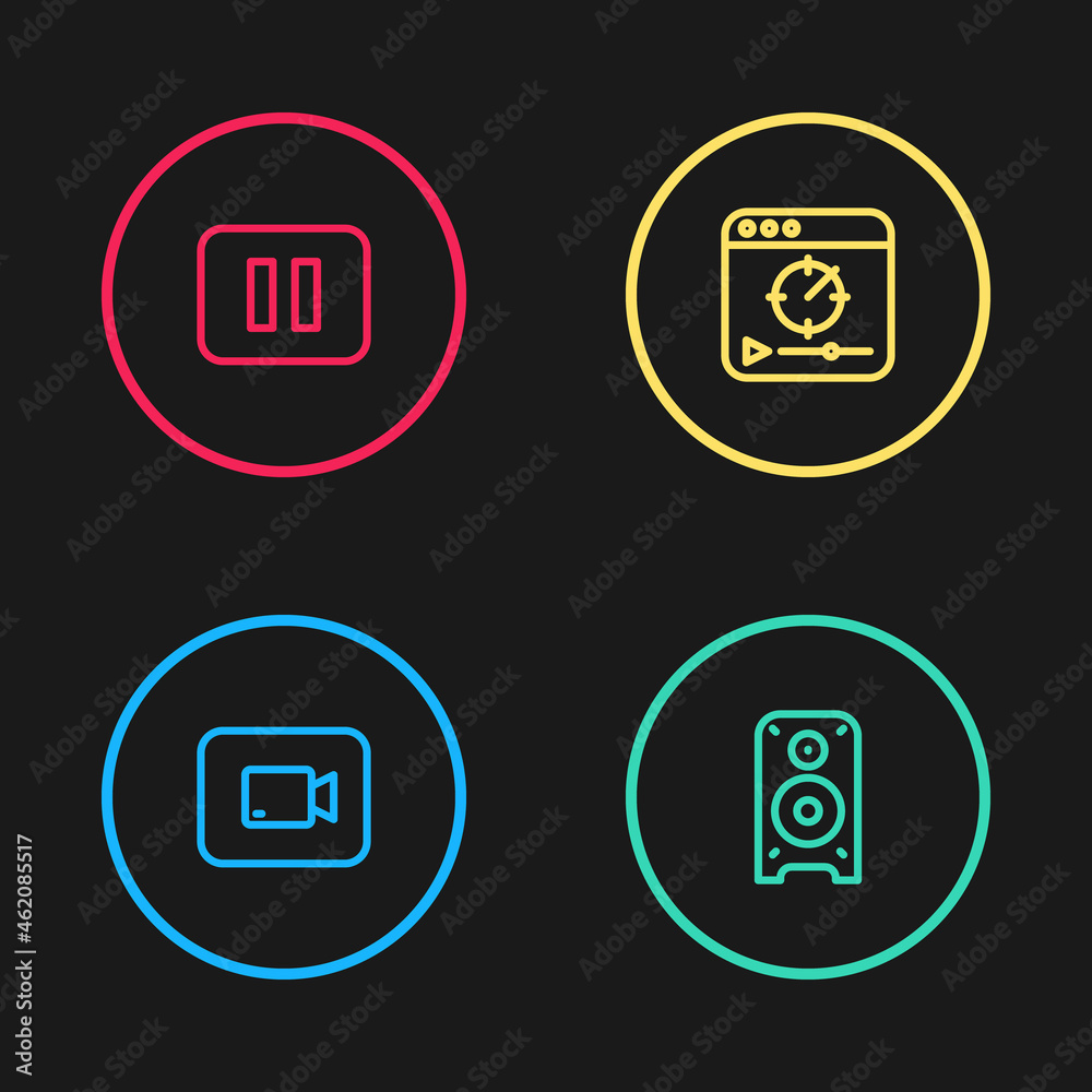 Set line Play video button, Stereo speaker, Online play and Pause icon. Vector Set line Play video button, Stereo speaker, Online play and Pause icon. Vector