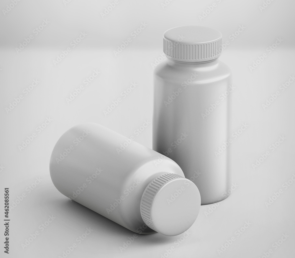 White Plastic Bottle Mockup for medicine, tablets, pills, realistic packaging box template 3d rendering isolated on light background.