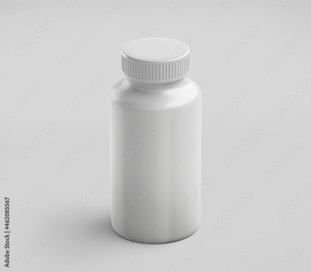 White Plastic Bottle Mockup for medicine, tablets, pills, realistic packaging box template 3d rendering isolated on light background. White Plastic Bottle Mockup for medicine, tablets, pills, realistic packaging box template 3d rendering isolated on light background.