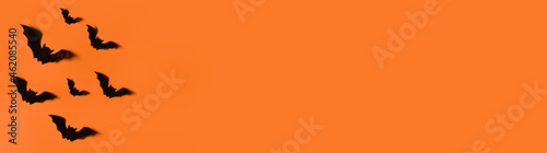 Halloween background. Bats on an orange background.Trick or treat. Banner. Copy space for text