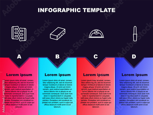 Set line Toe separator for pedicure, Nail file, Manicure lamp and . Business infographic template. Vector