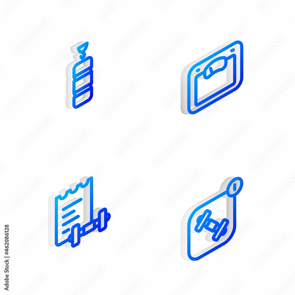 Set Isometric line Bathroom scales, Punching bag, Sport training program and Fitness app icon. Vector Set Isometric line Bathroom scales, Punching bag, Sport training program and Fitness app icon. Vector