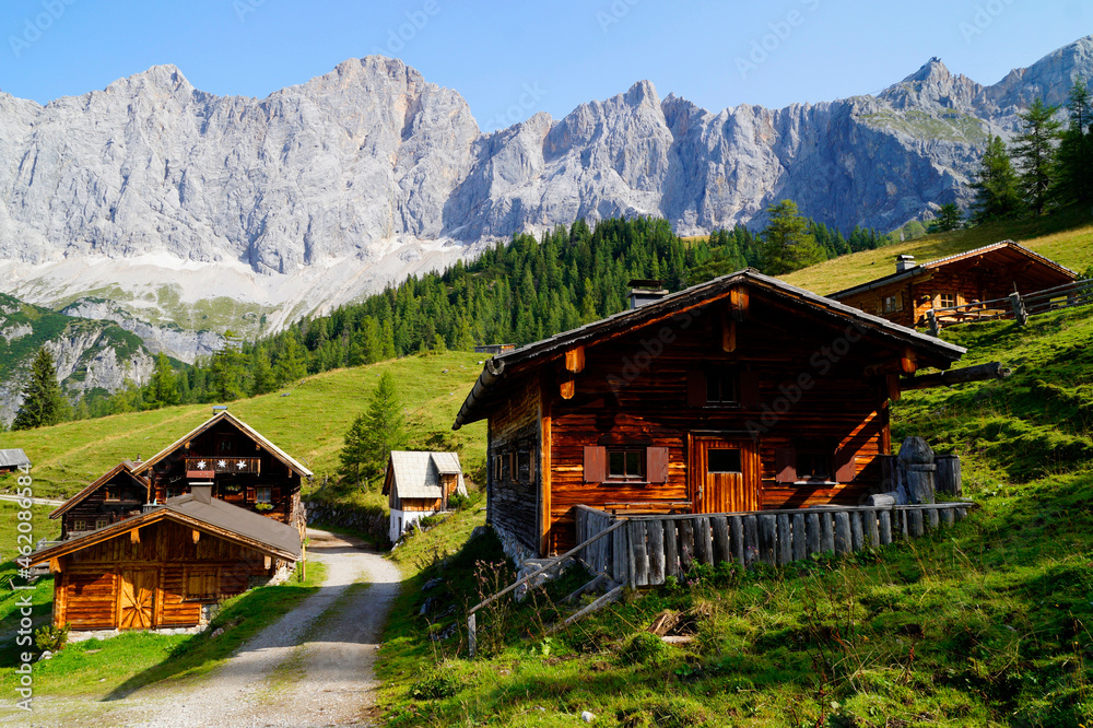 traditional rustic wooden cabins in the Austrian Alps of the Schaldming-Dachstein region (Steiermark in Austria)	
