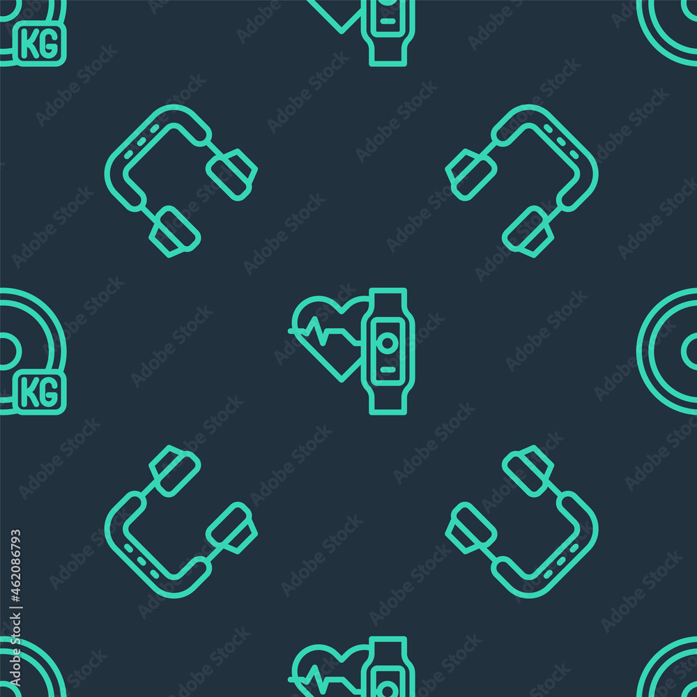 Set line Smart watch with heart, Headphones and Weight plate on seamless pattern. Vector Set line Smart watch with heart, Headphones and Weight plate on seamless pattern. Vector