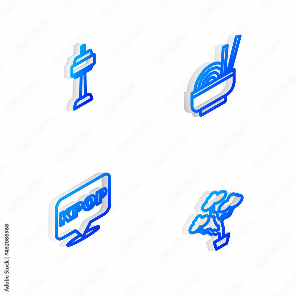 Set Isometric line Asian noodles in bowl, N Seoul tower South Korea, K-pop and Bonsai tree icon. Vector Set Isometric line Asian noodles in bowl, N Seoul tower South Korea, K-pop and Bonsai tree icon. Vector