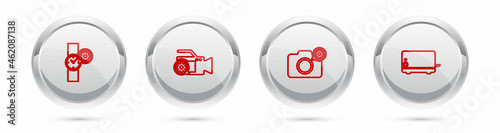Set line Wrist watch setting, Video camera, Photo and Toaster. Silver circle button. Vector