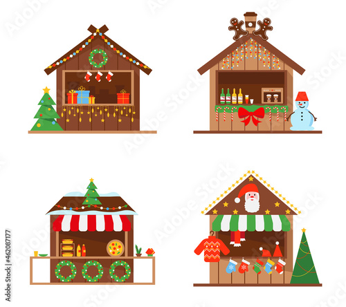 Christmas Market stalls or wooden kiosks set. Winter festive shops with gifts, hot drinks, food and clothes. Vector illustration isolated on white background.