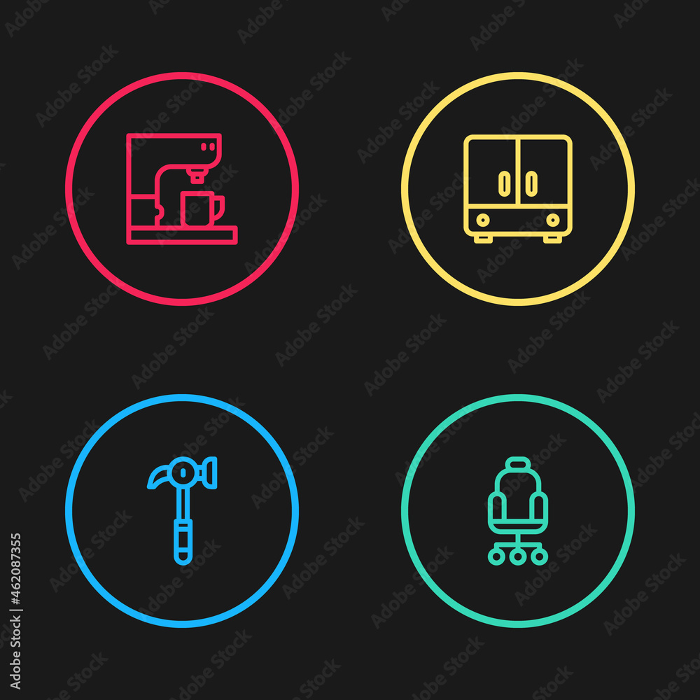 Set line Hammer, Office chair, Wardrobe and Coffee machine icon. Vector Set line Hammer, Office chair, Wardrobe and Coffee machine icon. Vector