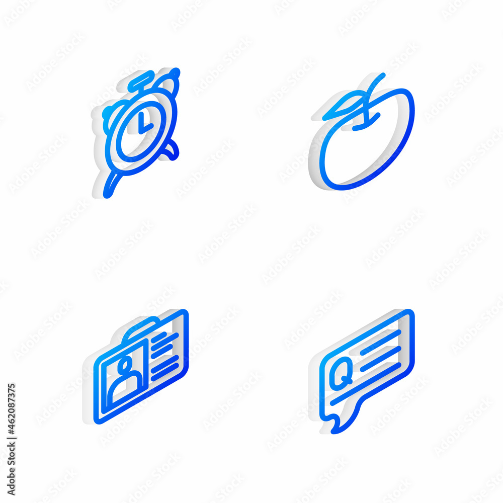 Set Isometric line Apple, Alarm clock, Identification badge and Speech bubbles with Question icon. Vector Set Isometric line Apple, Alarm clock, Identification badge and Speech bubbles with Question icon. Vector