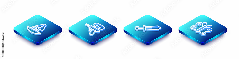 Set Isometric line Toy boat, Water gun, Sword toy and Butterfly icon. Vector Set Isometric line Toy boat, Water gun, Sword toy and Butterfly icon. Vector