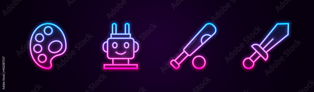 Set line Palette, Robot toy, Baseball bat with ball and Sword. Glowing neon icon. Vector