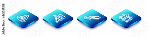 Set Isometric line Toy boat, Water gun, Sword toy and Butterfly icon. Vector